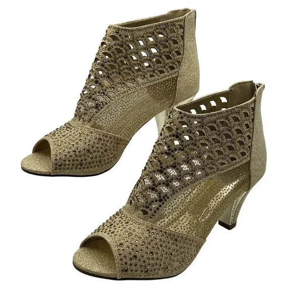 Pierre Dumas Womens 9M Gold Peep Toe Anklet Booties Rhinestones Zipper Closure - Picture 1 of 16